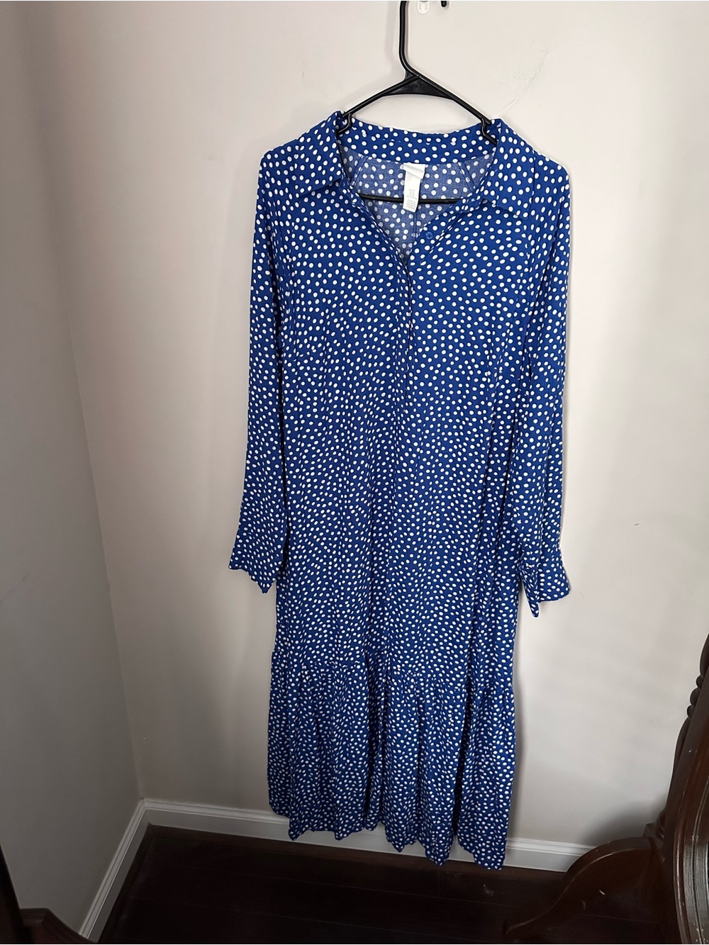 HM Blue Polka Dot Long Sleeve Midi Dress